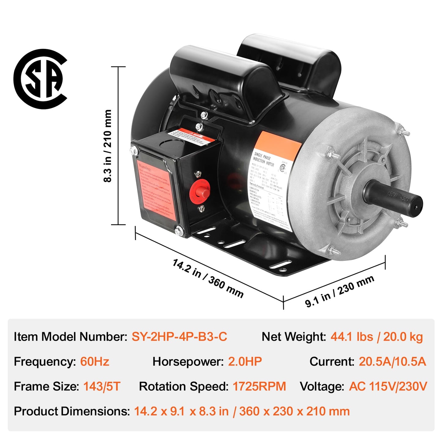 2HP Electric Motor 1725 RPM AC 115V/230V with Dual Rotation