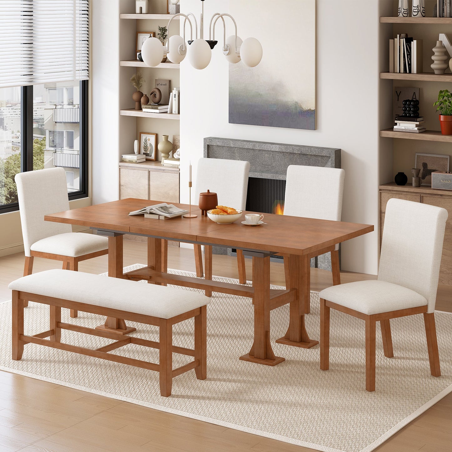 TOPMAX Farmhouse 76inch 6-Piece Extendable Dining Table Set