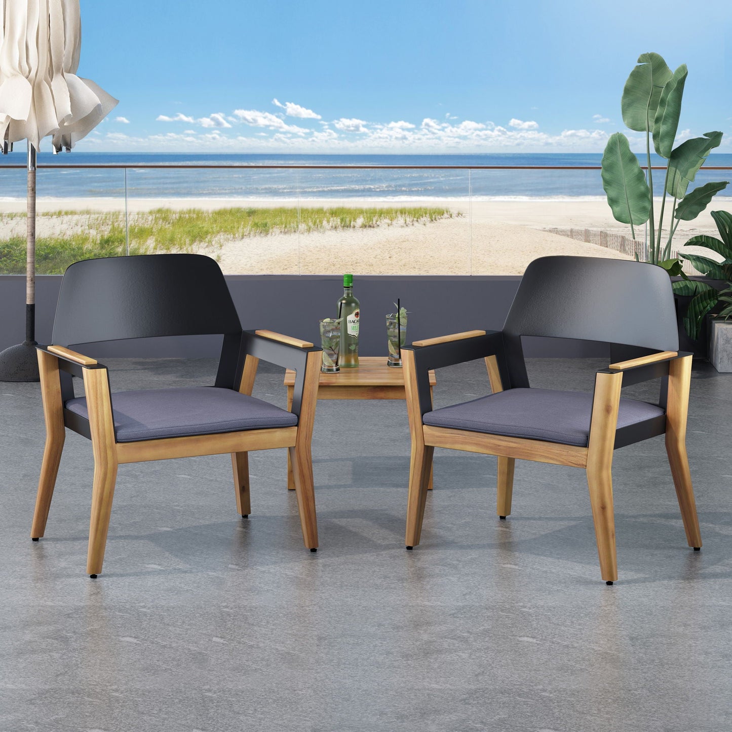 Soho Transitional Style Outdoor Club Chair (Set of 2) with Cushions - Teak