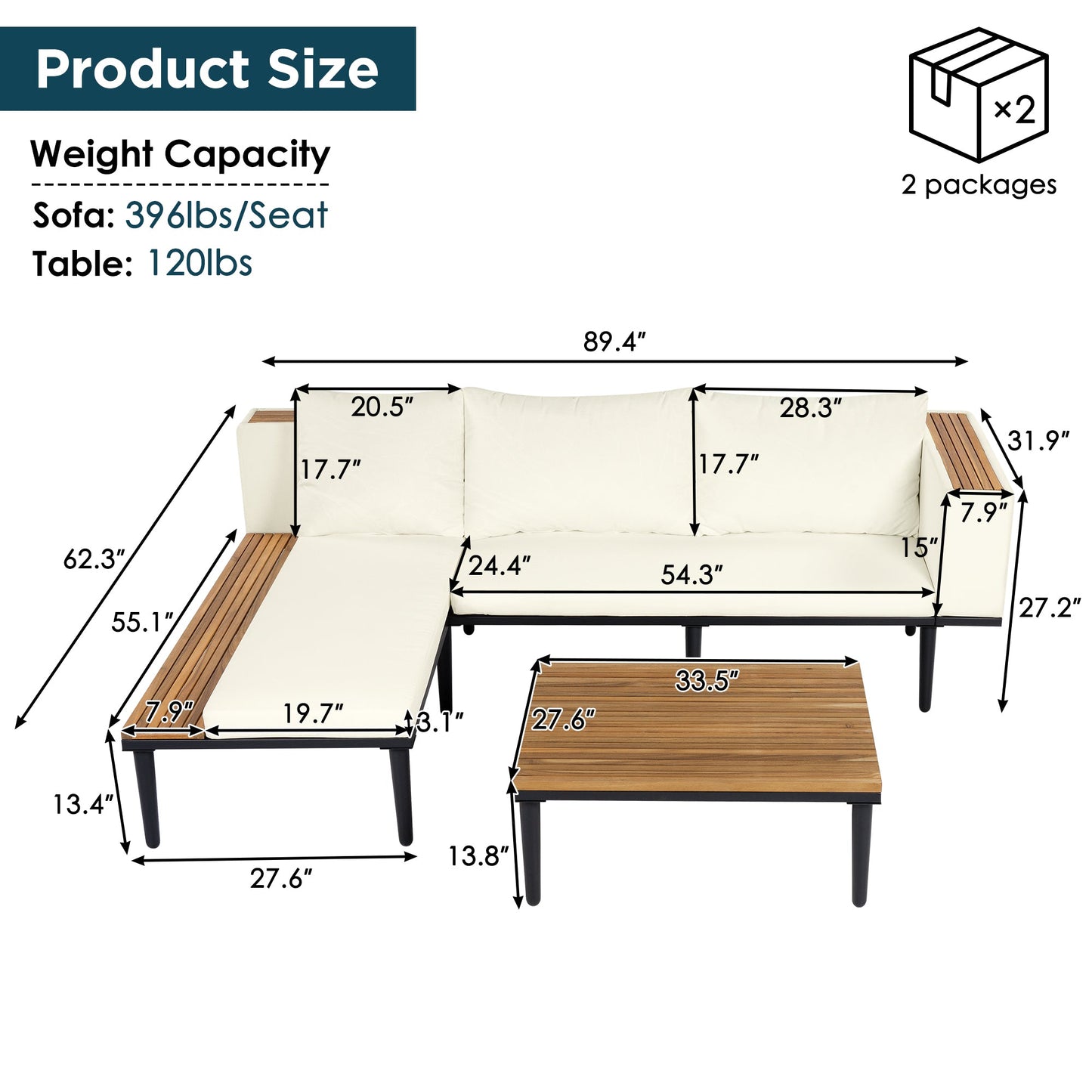 Luxury L-Shaped Acacia Wood Patio Furniture Set with Cushions