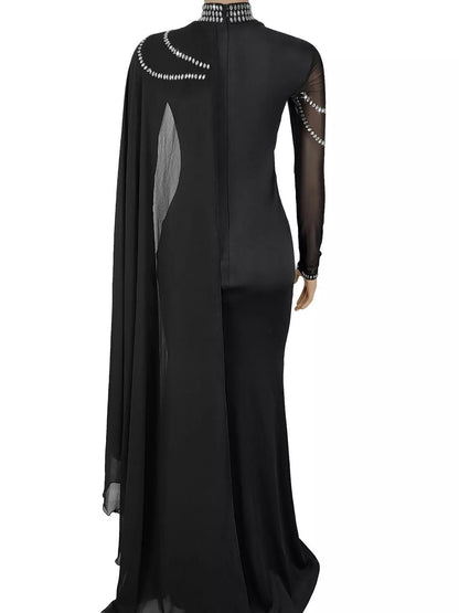 Rhinestone Slit Maxi Dress with Sheer Cape Sleeves