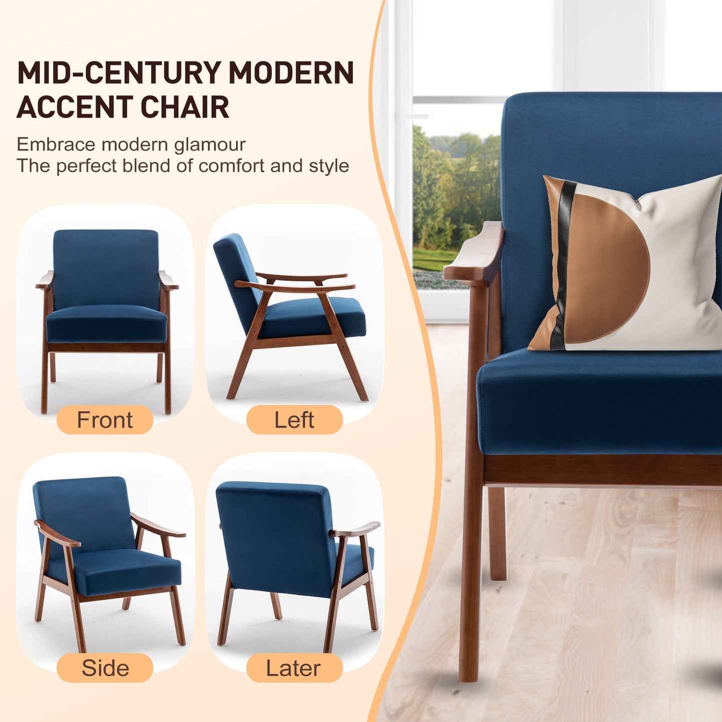 Mid Century Modern Accent Chair With Solid Wood Frame And Extra Thick Backrest