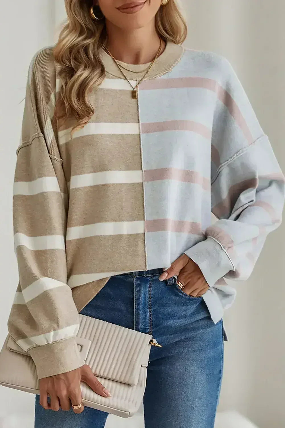 Pink Striped Patchwork Drop Shoulder Sweater