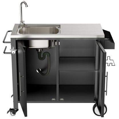 Outdoor Grill Table With Sink, Grill Cart With Sink And Cabinet With Wheels - Black / Silver