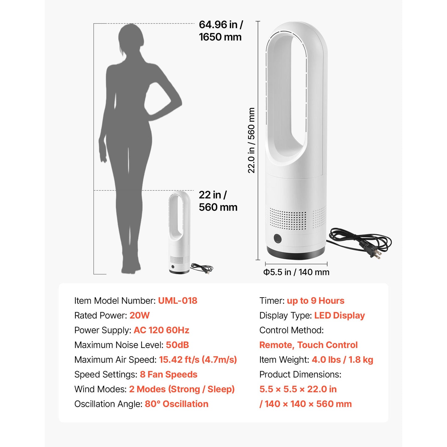 Bladeless Tower Fan, 80° Oscillating Standing Fan with Remote