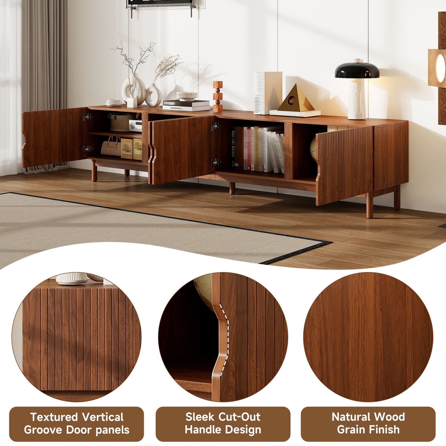 TV Stand With Legs, Media Console, 4 Cabinets For Living Room - Natural Wood