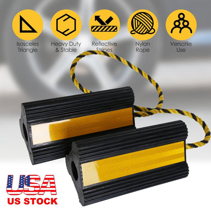 Heavy Duty Rubber Wheel Chocks Tire Chocks Wheel Immobilizers with Nylon Rope Yellow Reflective Stripes for RVs Trucks Trailers Small Airplanes