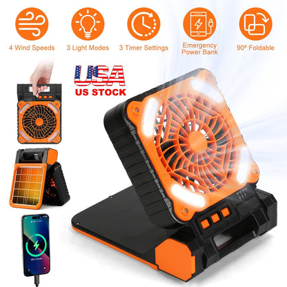 Solar Camping Fan With LED Lantern 5200mAh Rechargeable Battery Operated Portable Fan with Emergency Power Bank 4 Wind Speeds 3 Light Modes 3 Timers f