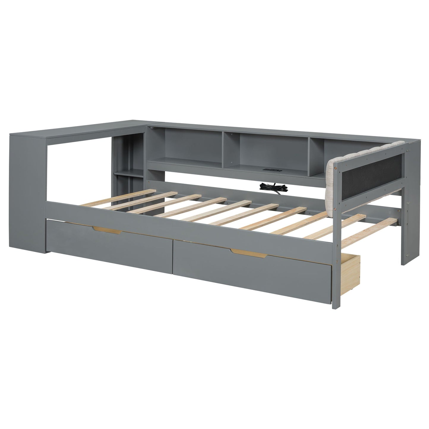 Upholstered Headboard Platform Bed With Storage Shelves, Drawers, Charging Station