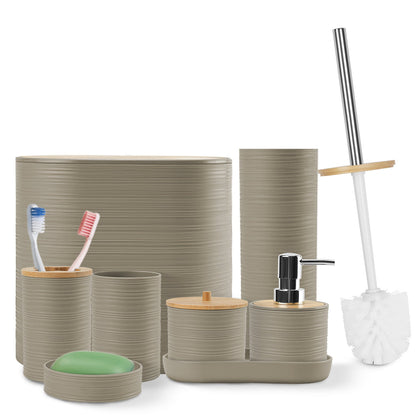 8Pcs Bathroom Accessories Set Bathroom Holder Set with Soap Dispenser Toothbrush Holder Cup Soap Dish Toilet Cleaning Brush Trash Can Qtip Holder Vani