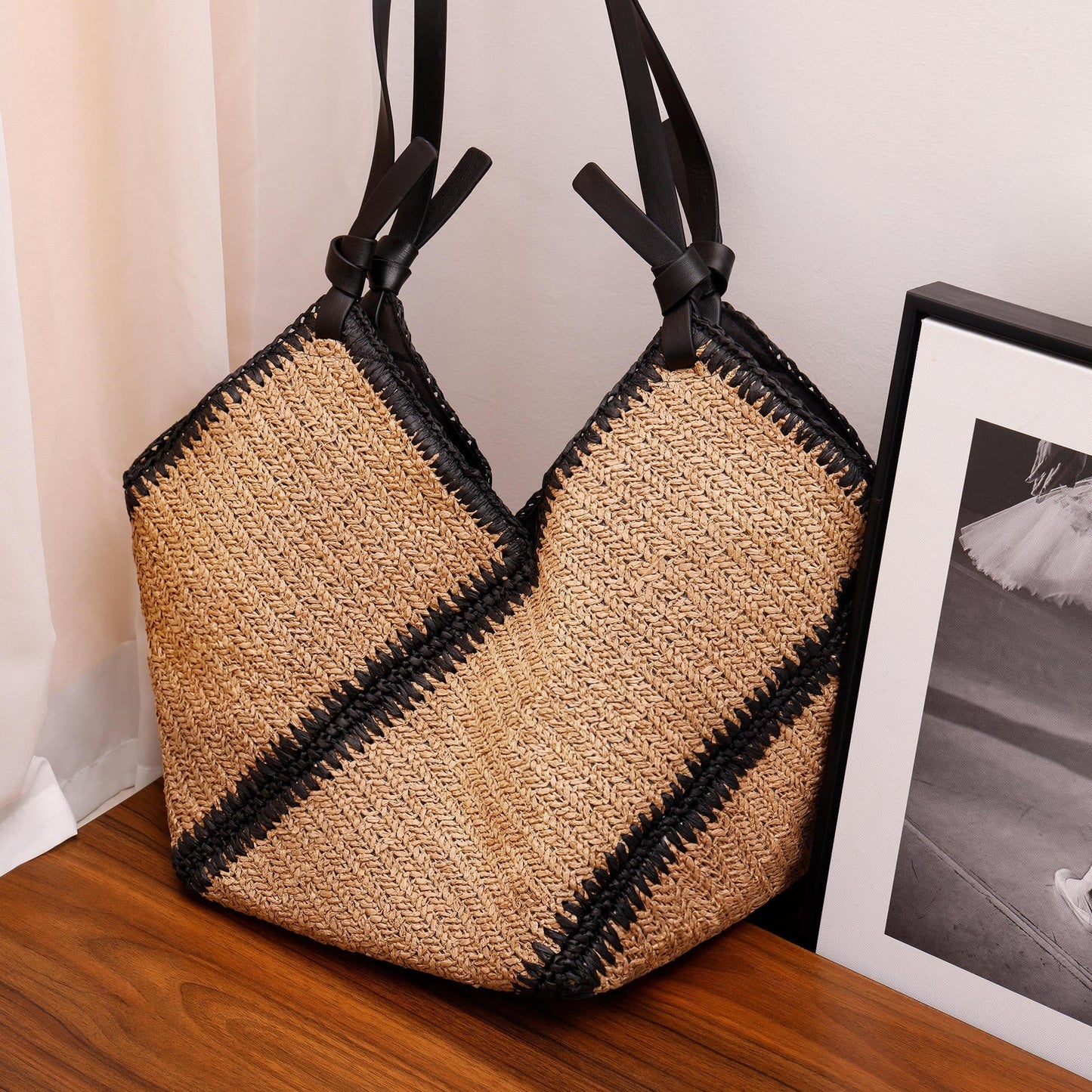 Striped Straw Versatile Handmade Woven Bag Large-capacity Shoulder Tote