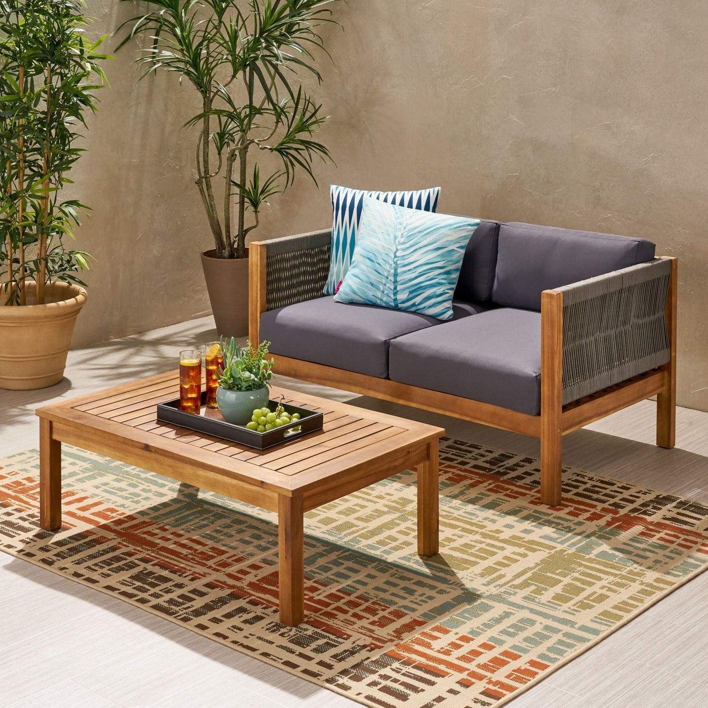 Charlotte Outdoor And Rope 4 Seater Chat Set With Cushions - Teak