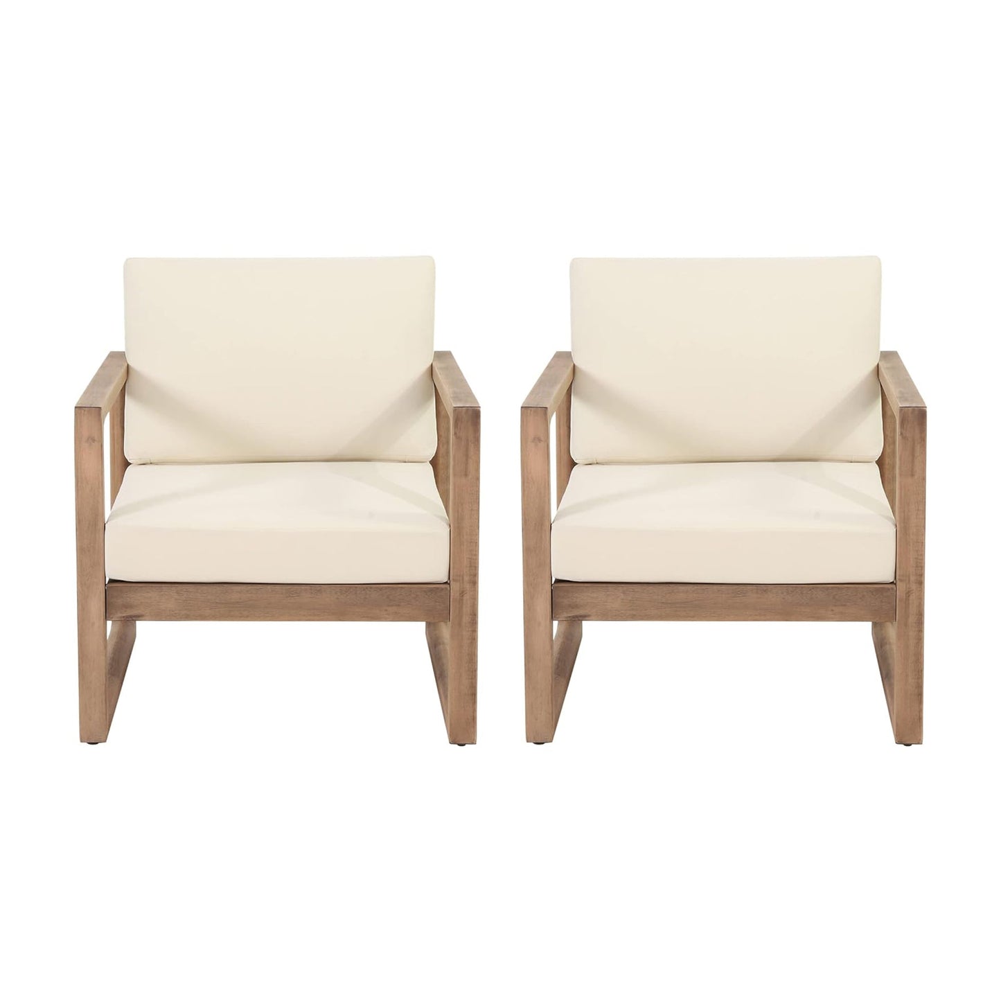 Set of 2 Outdoor Acacia Wood Patio Club Chairs with Beige Cushions
