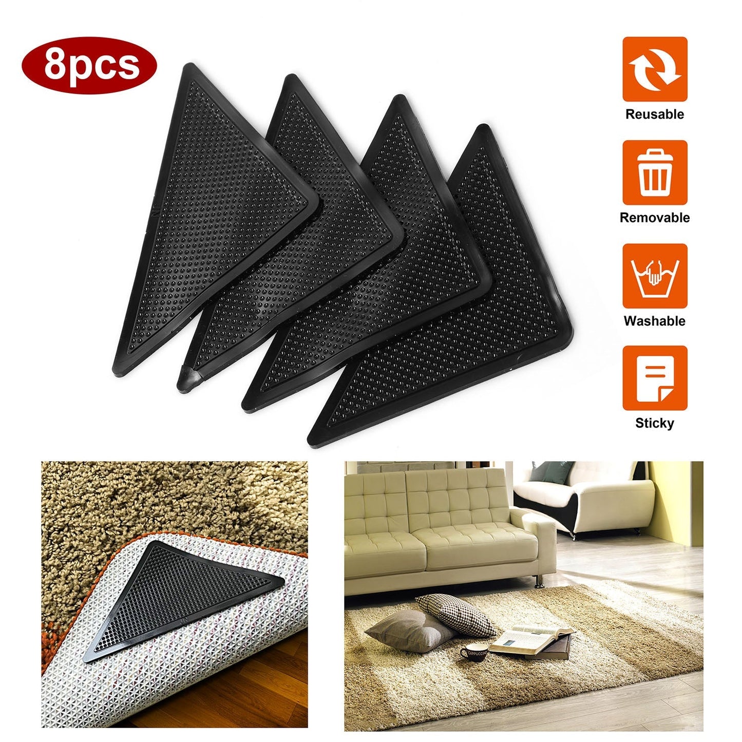 8Pcs Area Rug Gripper Pad Non Slip Anti Curling Carpet Mat Gripper Self- Adhesive Reusable Washable Renewable Hard Wood Floor Safe
