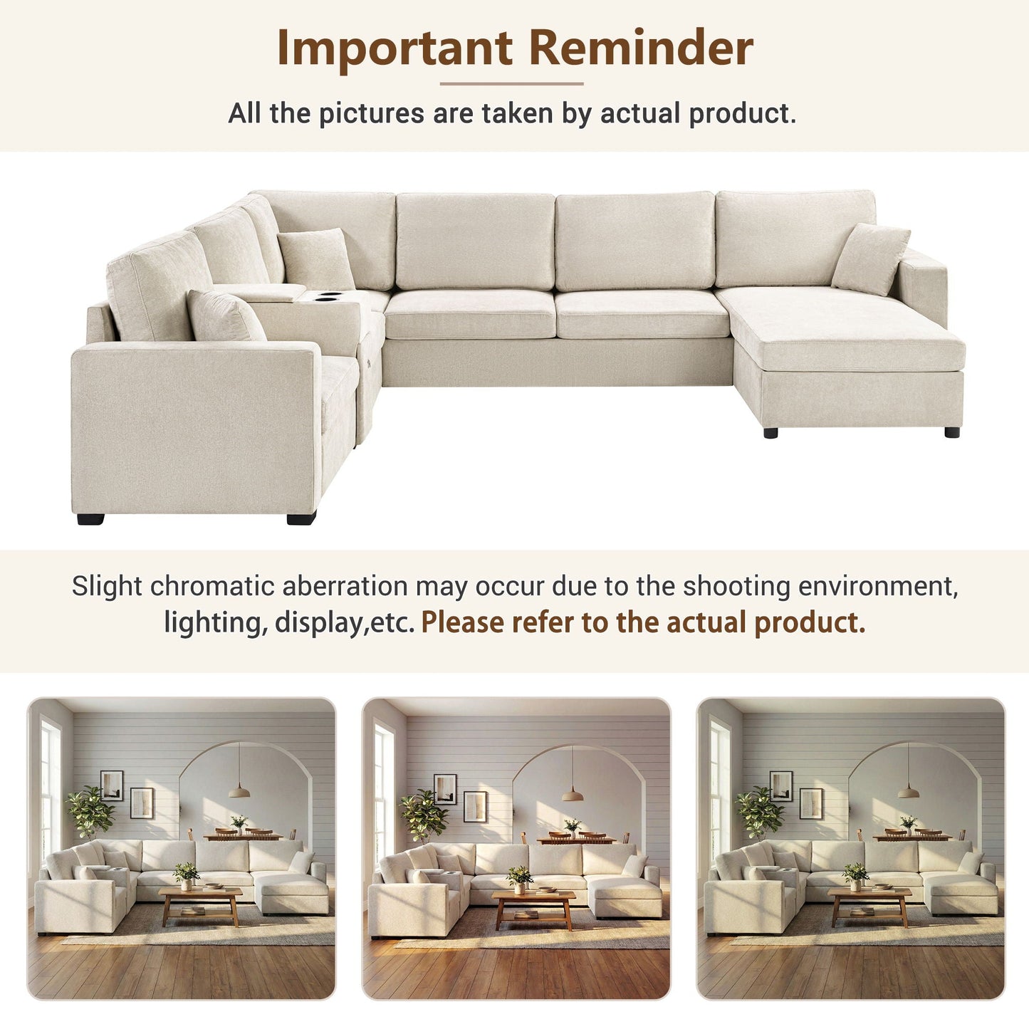 Modular 5 Seat U-Shape Sectional Sofa With Chaise Lounge, Built In Cup Holders And Storage Drawer