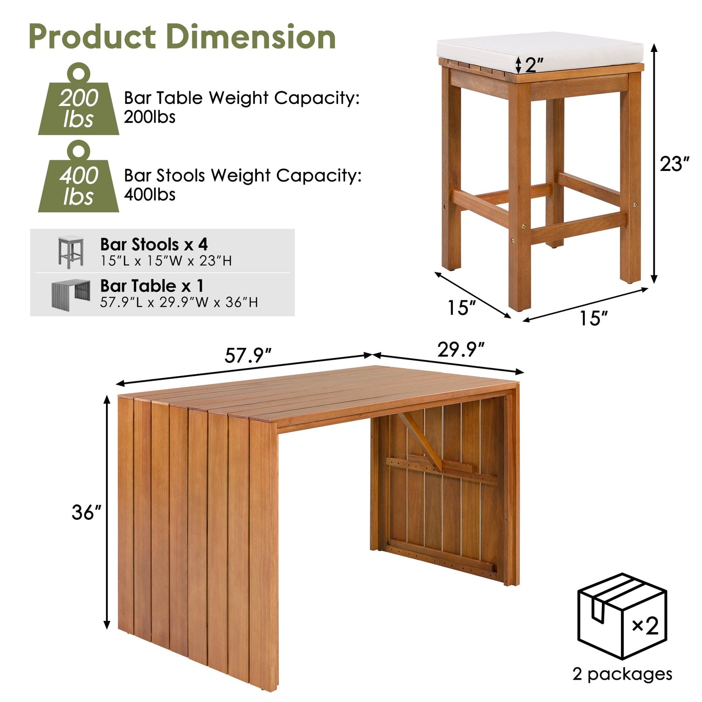 5 Piece Outdoor Bar Set with Acacia Wood Table & Cushioned Stools