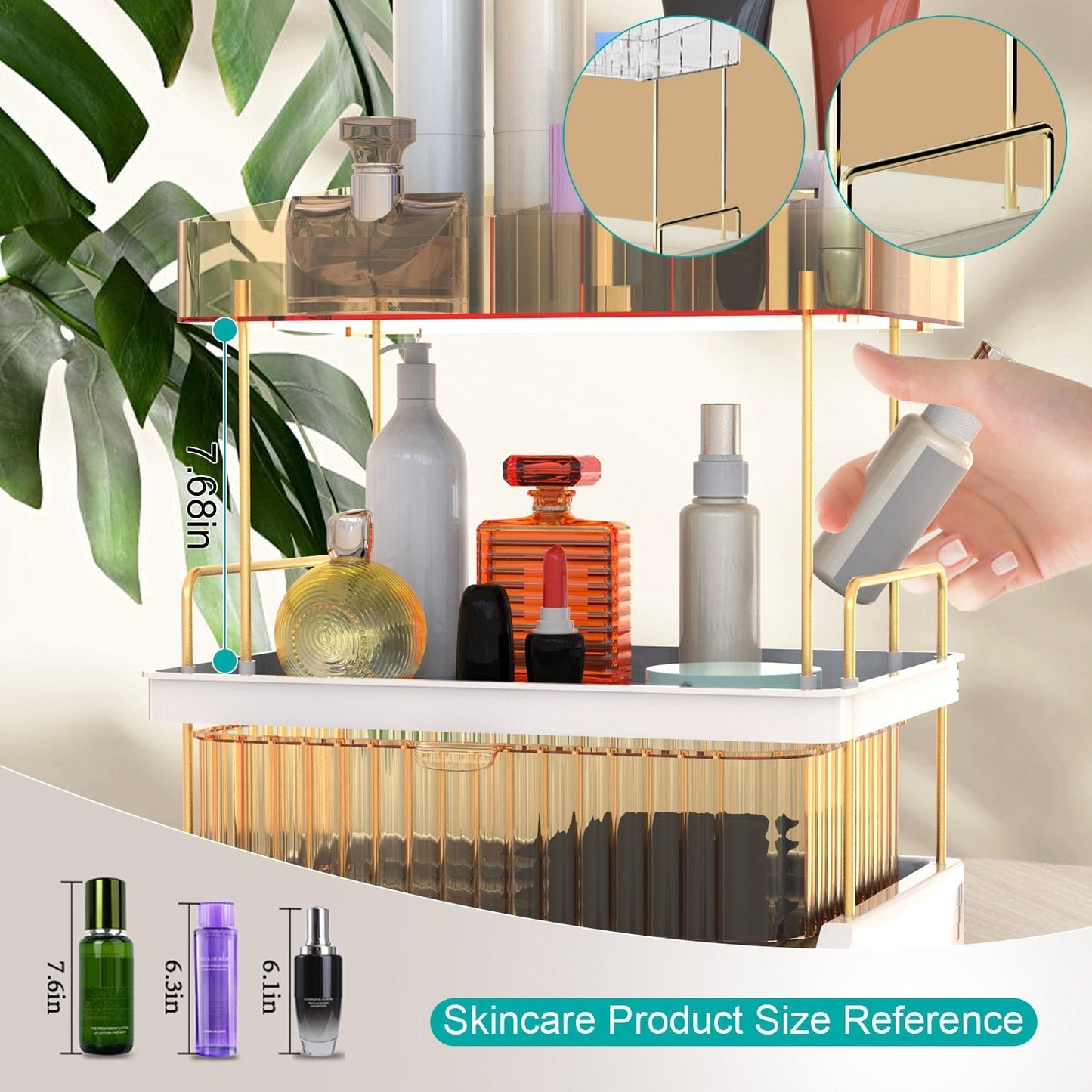 3 Tier Makeup Organizer for Vanity Large Capacity Skincare Shelf Bathroom Countertop Organizer with Drawer for Lipsticks Lotion Toner Perfumer Masks