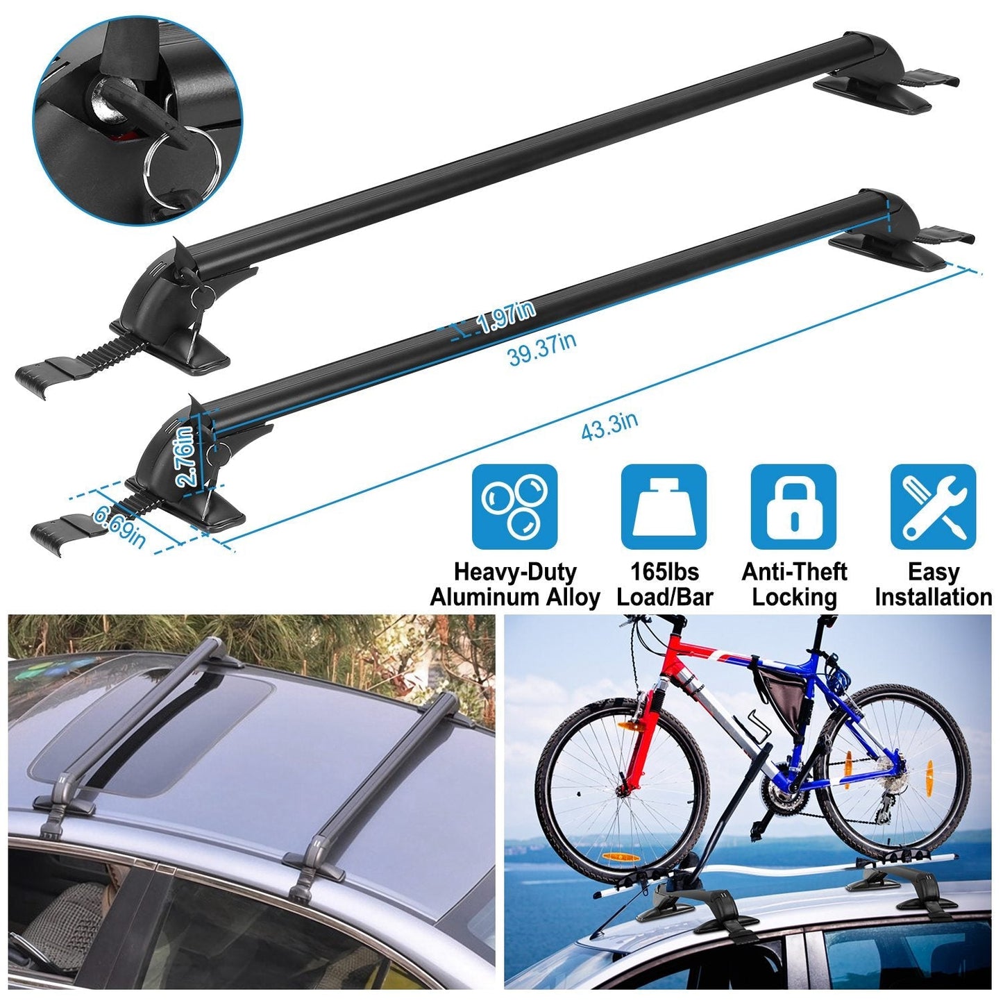 2PCS Universal 110cm/43-inch Car Roof Rack Cross Bar w/ Anti-Theft Lock Adjustable Window Frame for bike kayak cargo luggage