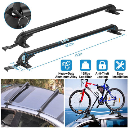2PCS Universal 110cm/43-inch Car Roof Rack Cross Bar w/ Anti-Theft Lock Adjustable Window Frame for bike kayak cargo luggage
