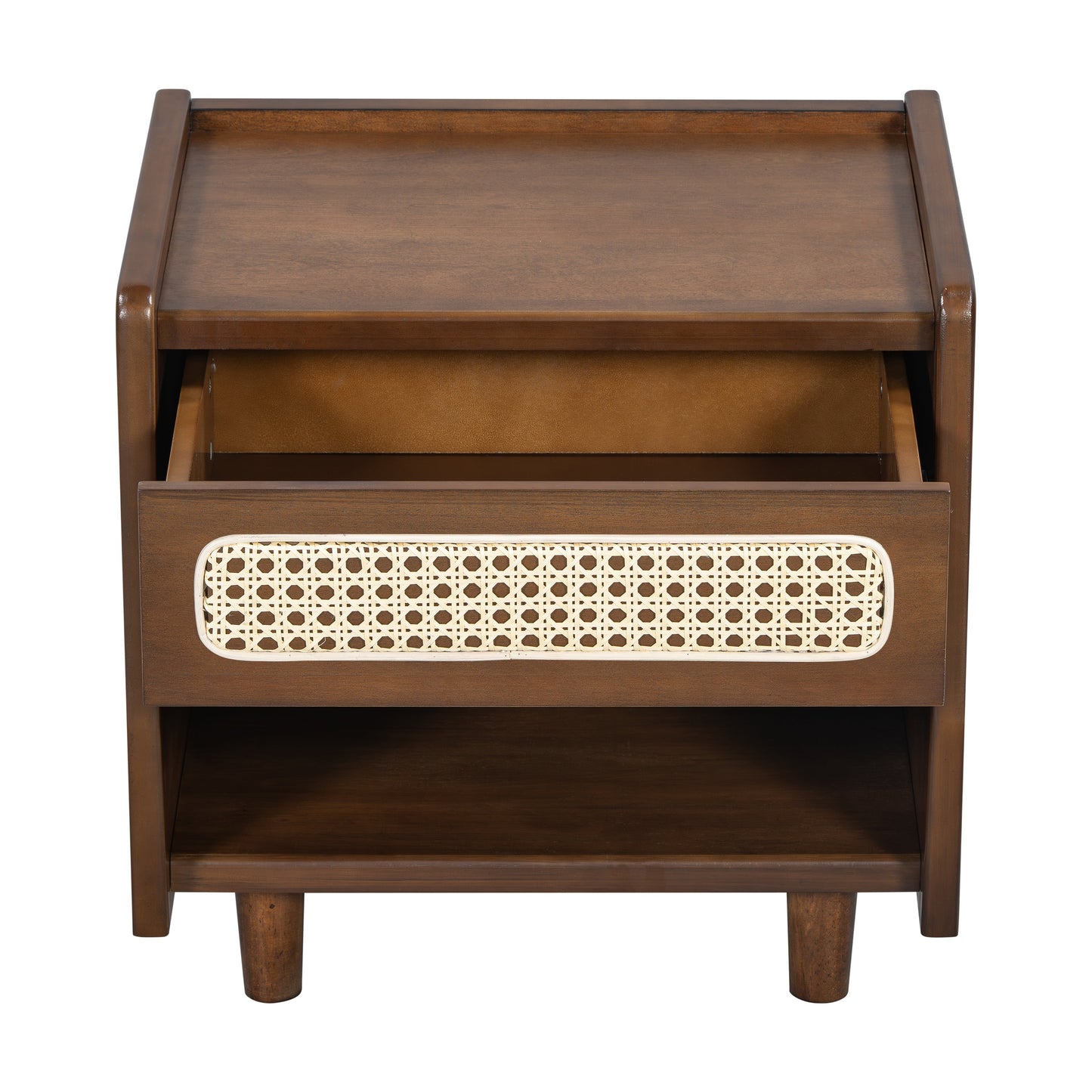 Walnut Nightstand with Rattan Detail, MDF + Solid Wood