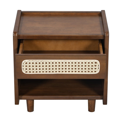 Walnut Nightstand with Rattan Detail, MDF + Solid Wood