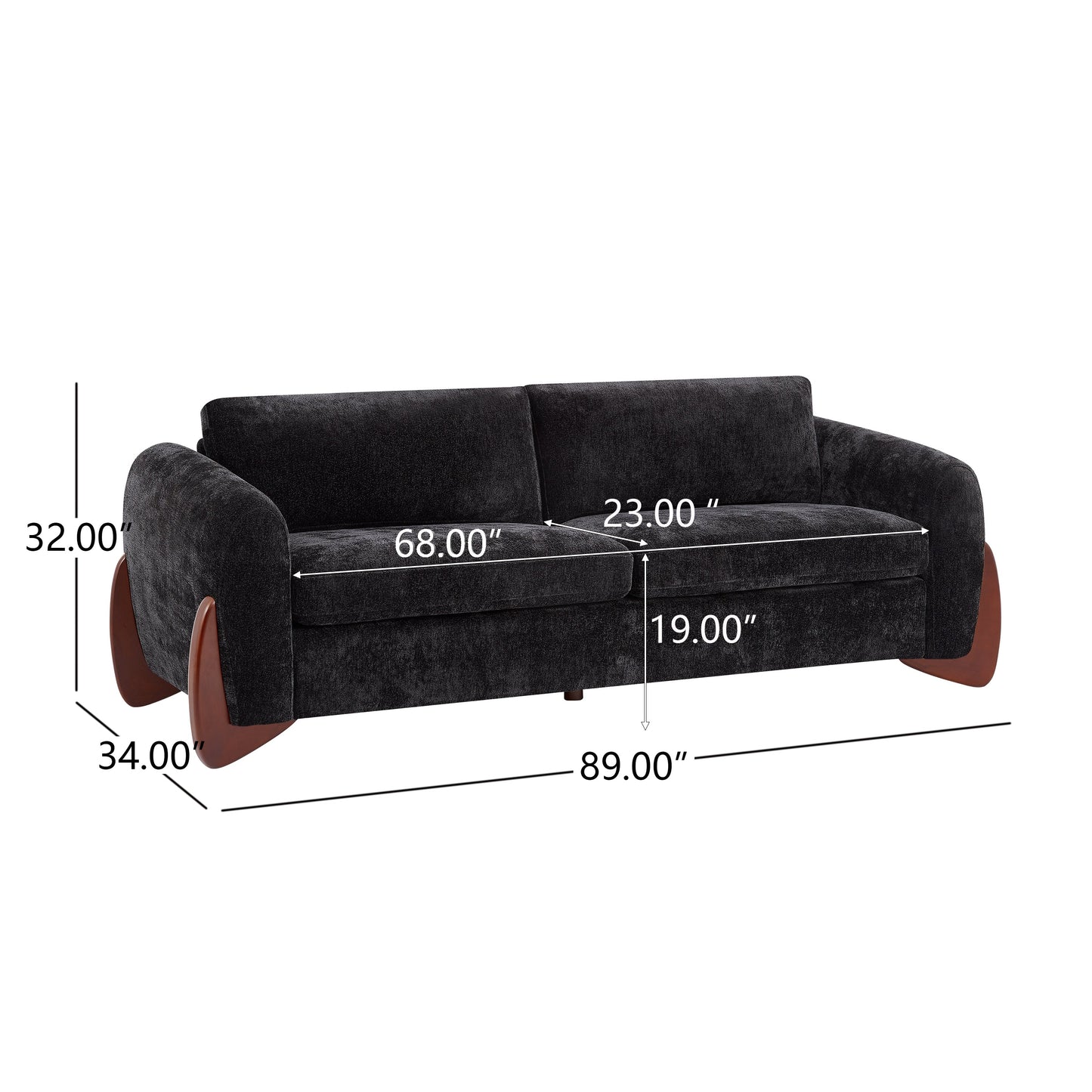 89"L Sofa with Chenille Fabric and Wooden Legs