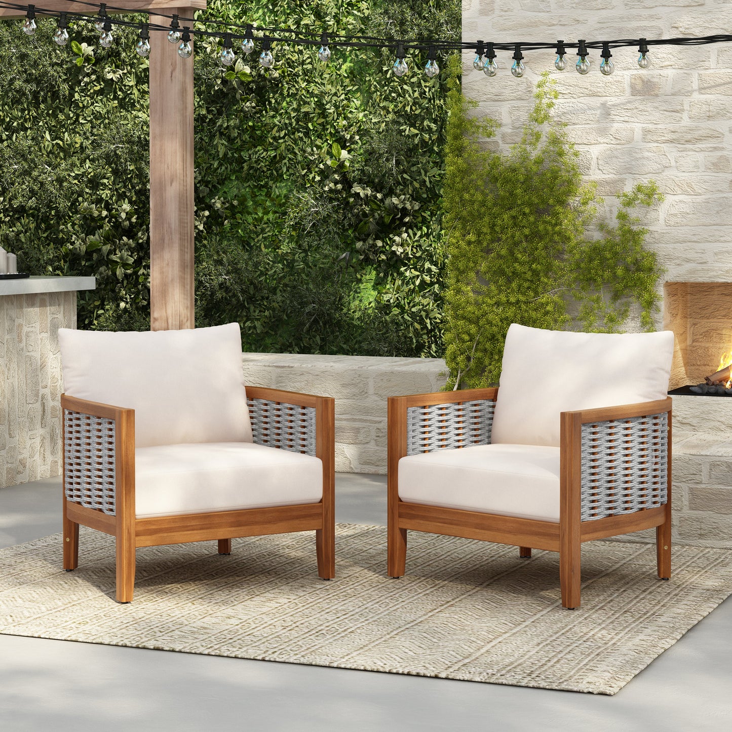 2 Pieces Outdoor Unique Tub Design Armchair with Woven Rope