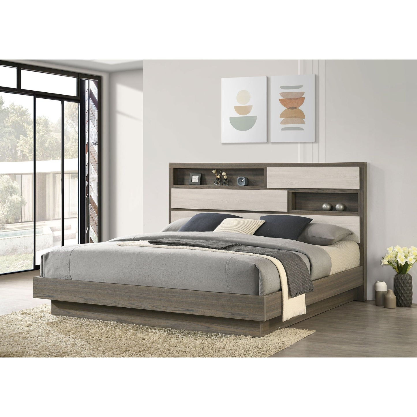 Eastern King Bed Bookcase Headboard With Hidden Storage - Oak