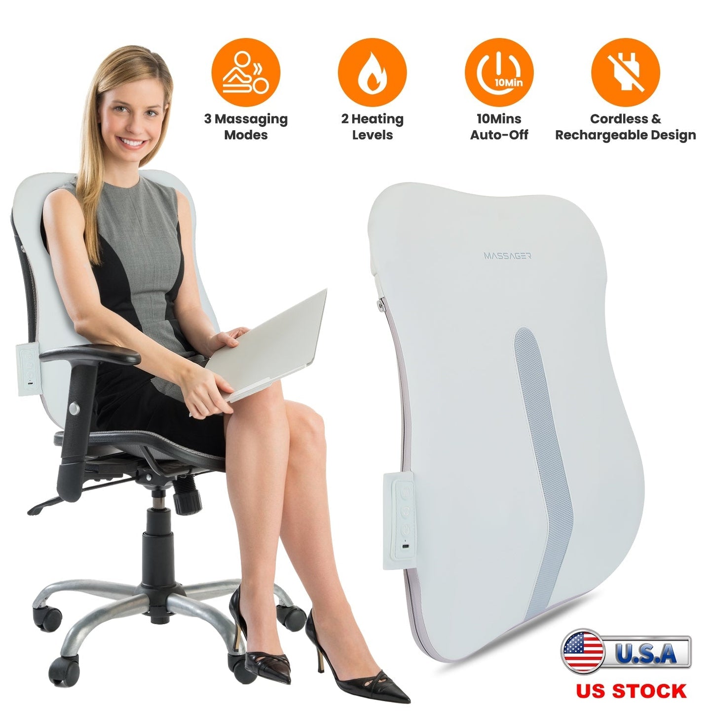 Shiatsu Back MassagerÊ3D Deep Tissue Kneading Massage Pillow Cordless USB Rechargeable with 3 Massaging Modes 2 Heating Levels 10Mins Auto-OffÊfor Bac