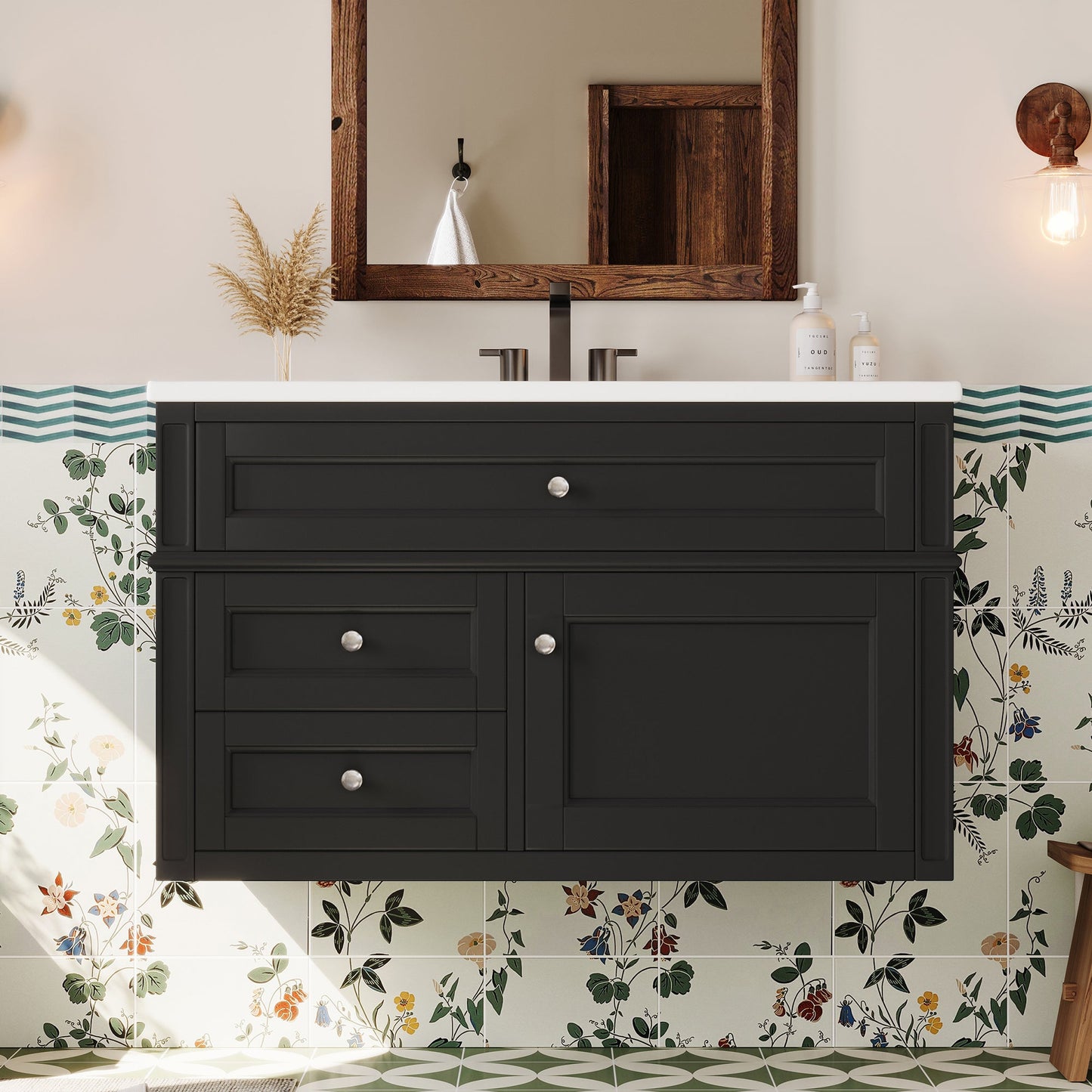 36" Wall Mounted Bathroom Vanity with Ceramic Sink and Storage