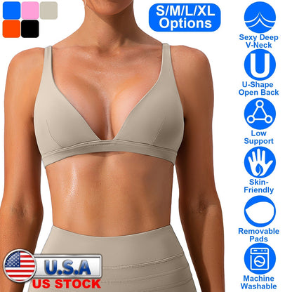 Women Deep V-Neck Sports Bras U-Shaped Back Sport Bras Padded StrappyÊCrop Open Back Low Impact Bras SexyÊFitnessÊTank Tops with Removable Pads for Gy