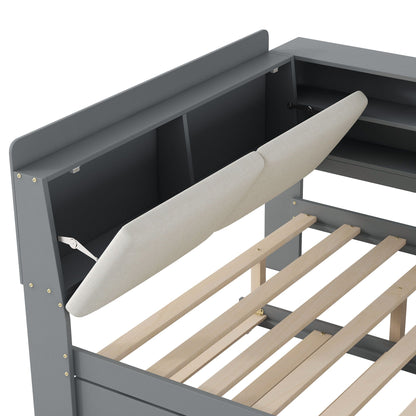 Platform Bed With Trundle, Shelves, And Storage Headboard