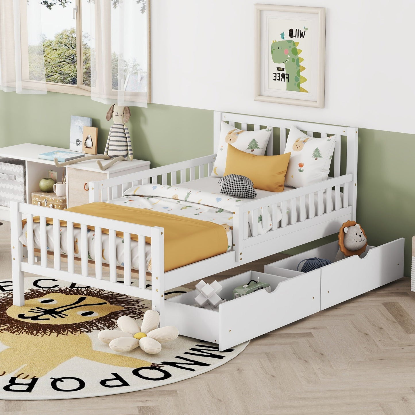 Platform Bed With Guardrails On Both Sides And 2 Storage Drawers