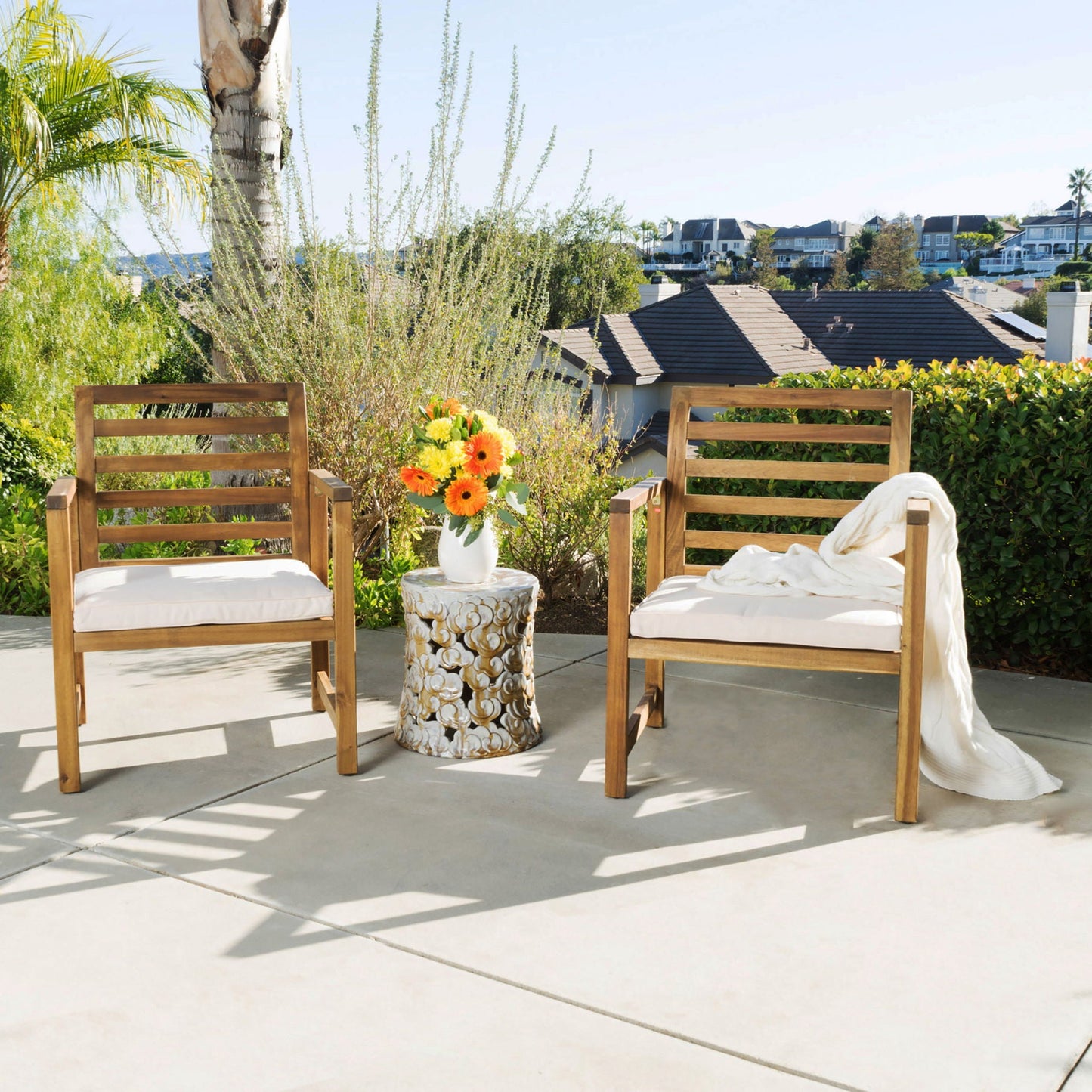 Outdoor Acacia Wood Club Chairs, 2-Piece Set - Natural Stained / White