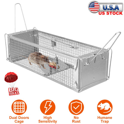 Dual Door Rat Trap Cage Humane Live Rodent Dense Mesh Trap Cage Zinc Electroplating Mice Mouse Control Bait Catch with 2 Detachable U Shaped Rod