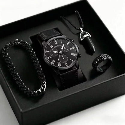 Mens Quartz Watch Necklace Bracelet Set