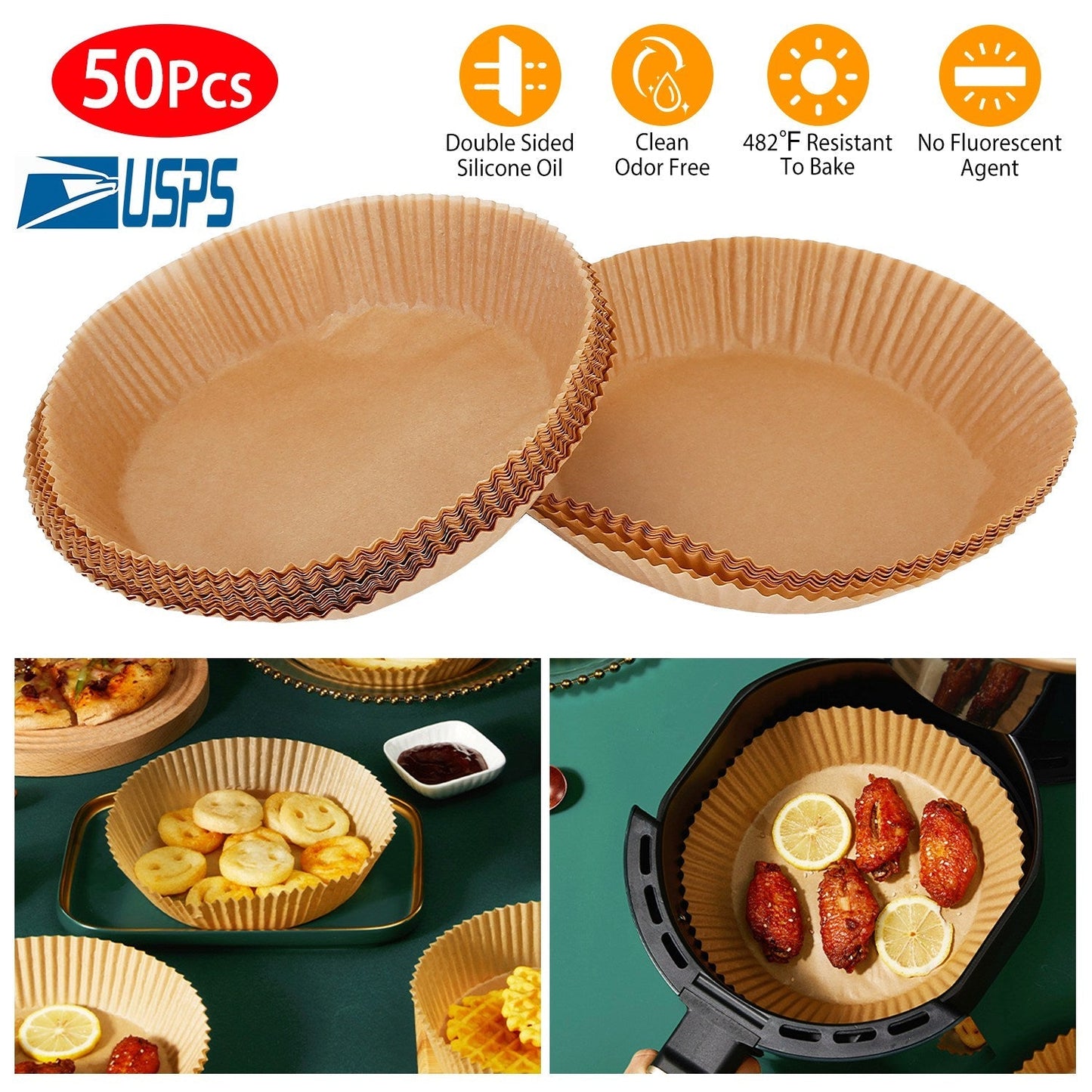 50Pcs Disposable Air Fryer Paper Liner Waterproof Non-Stick Oil-proof Parchment Paper Cooking Baking Paper  6.29in