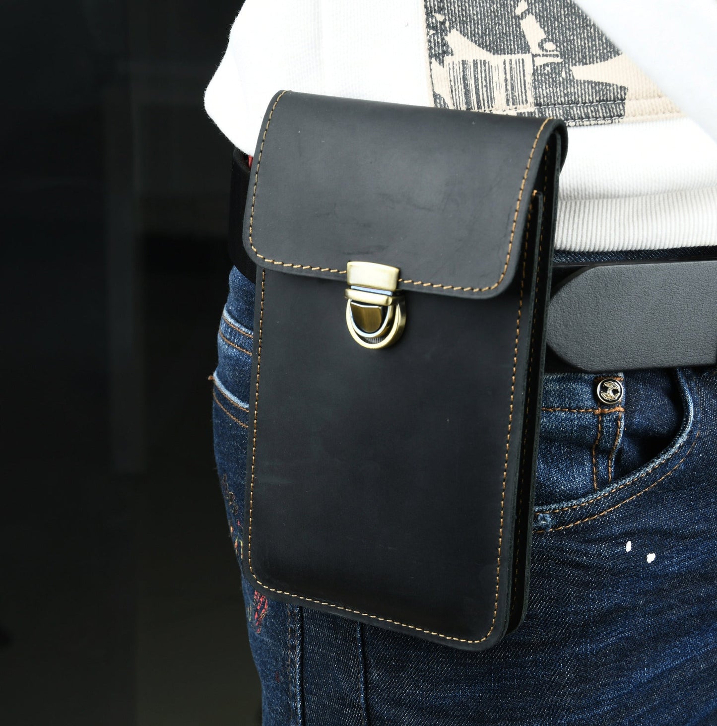 Genuine Leather Mens Cowhide Durable Work Belt-Powered Bag