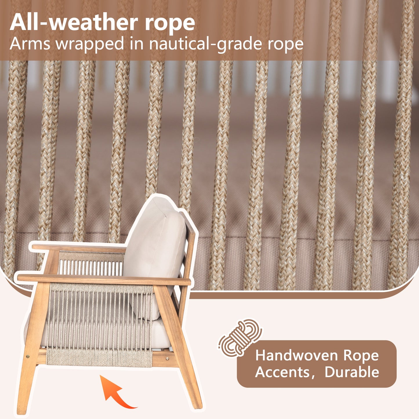 Outdoor Acacia Wood and Rope 3 Seater Patio Sofa