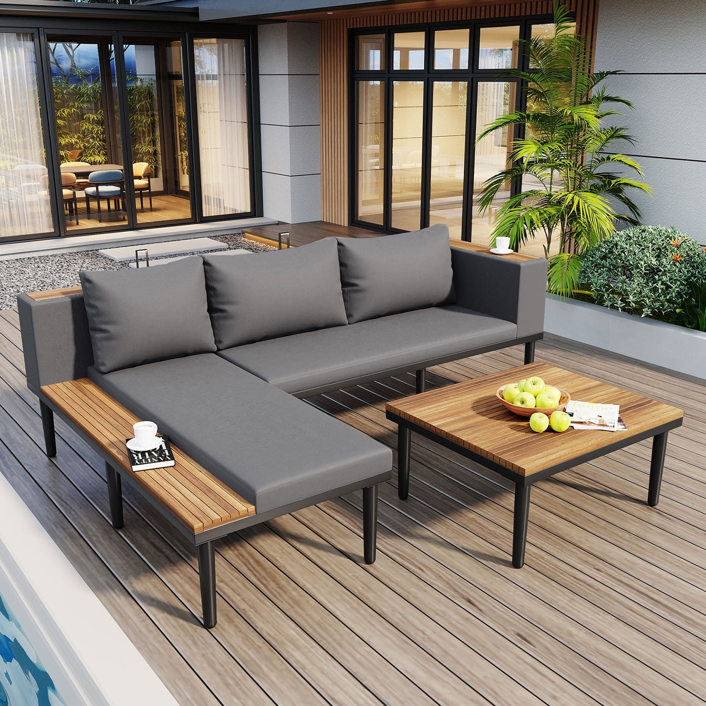 Luxury L-Shaped Acacia Wood Outdoor Sectional Sofa Set