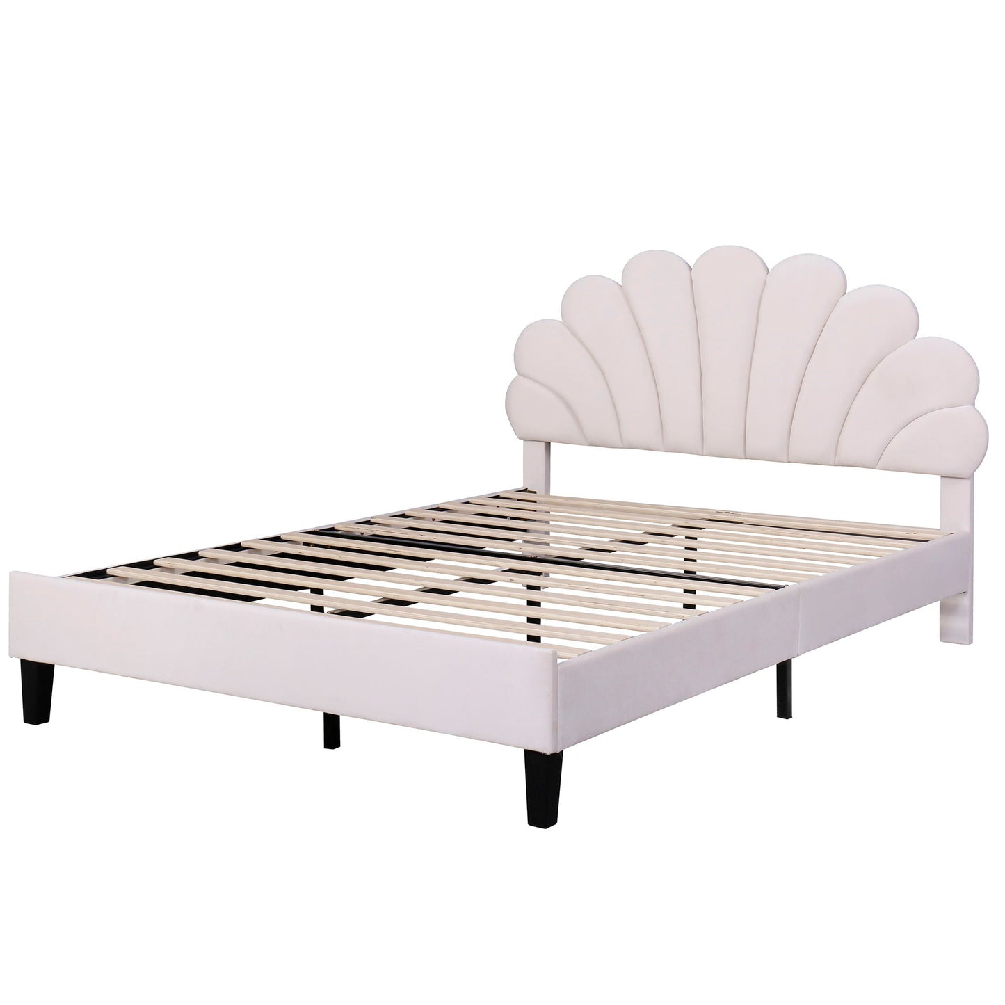 Upholstered Platform Bed With Flower Pattern Headboard