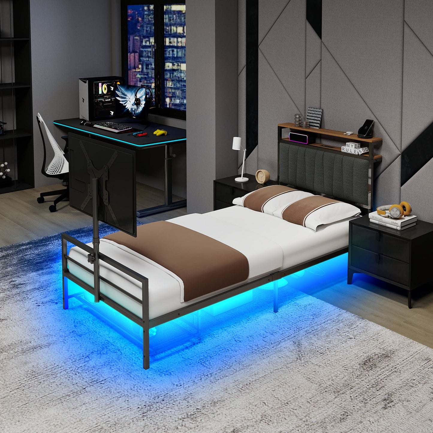 Twin Size Gaming Bed with Rotating TV Mount and LED Lighting