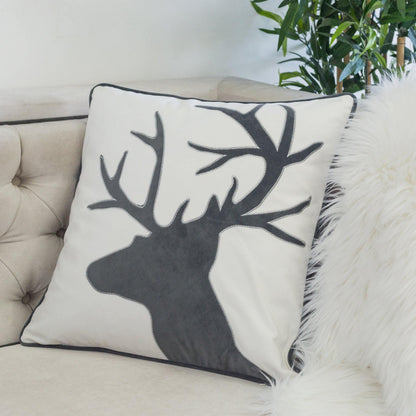 Holiday Reindeer Velvet Accent Pillow 20x20 – White and Gray with Insert
