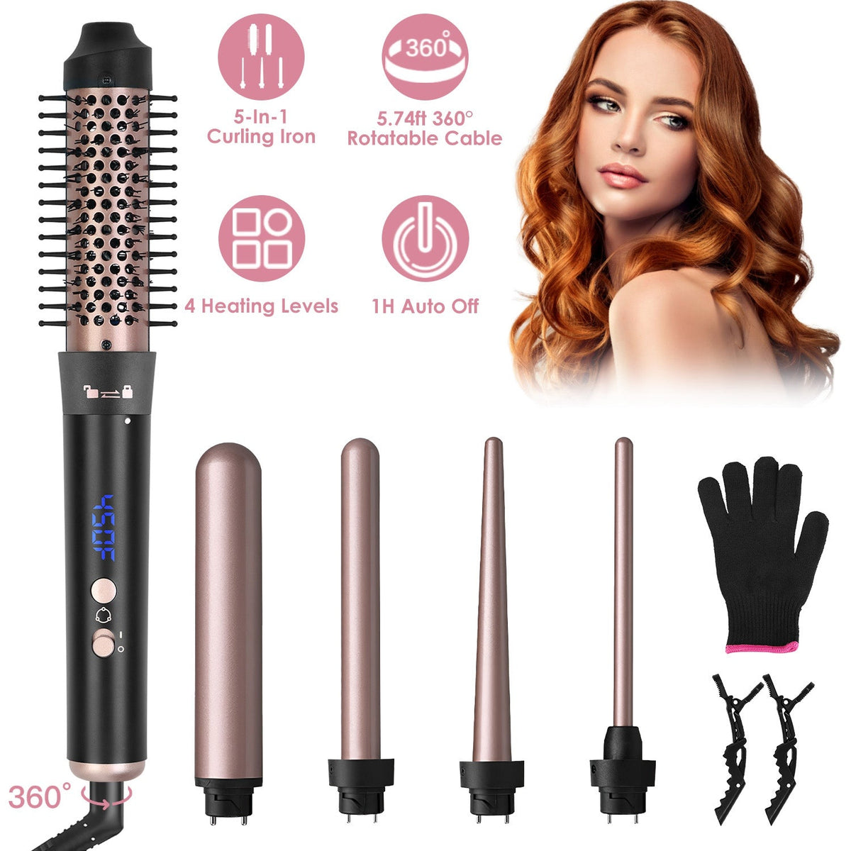 5 in 1 Curling Wand Hair Curling Iron Brush Anti-Tangle HairÊThermal Brush Curler with 4 Heating Levels 360¡ Rotatable Cable 5 Interchangeable Barrels