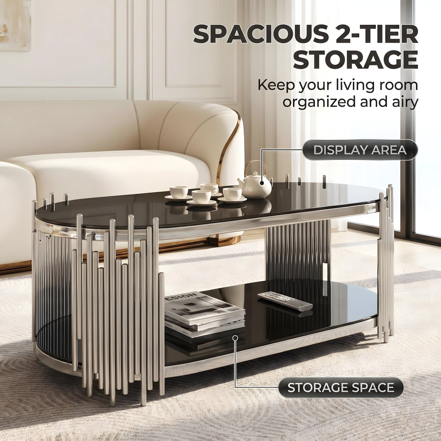 Modern Luxury Coffee Table and Side Table Set, 2-Piece Oval
