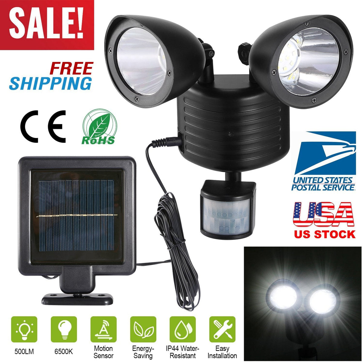 Solar Lights 22LEDs Outdoor Security Lights Motion Sensor IP44 Water-Resistant 360¡ Rotatable Dual Heads Solar Wall Light for Entryways Stairs Yard Ga
