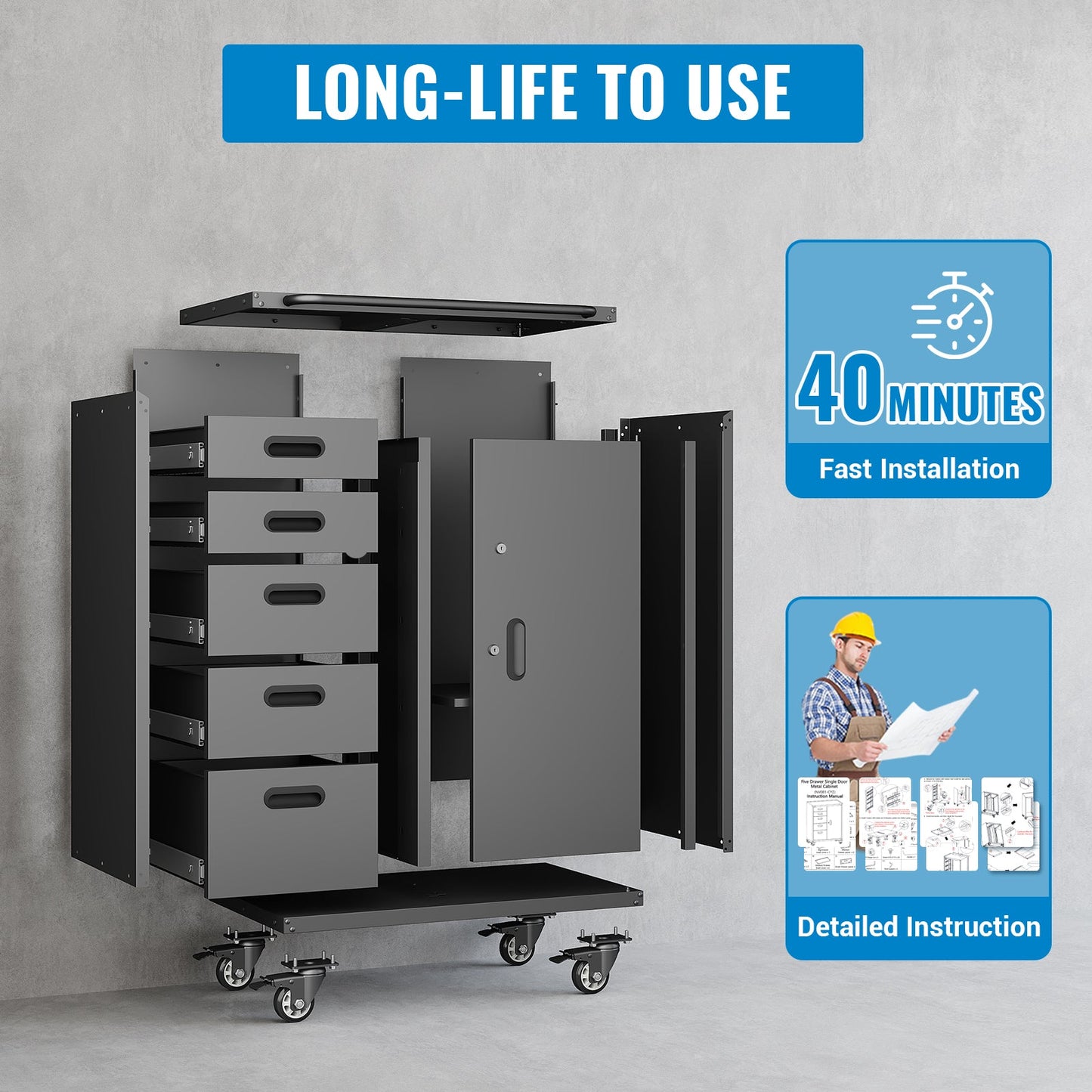 Metal Tool Garage Storage Cabinet with 5 Drawers and 1 Door