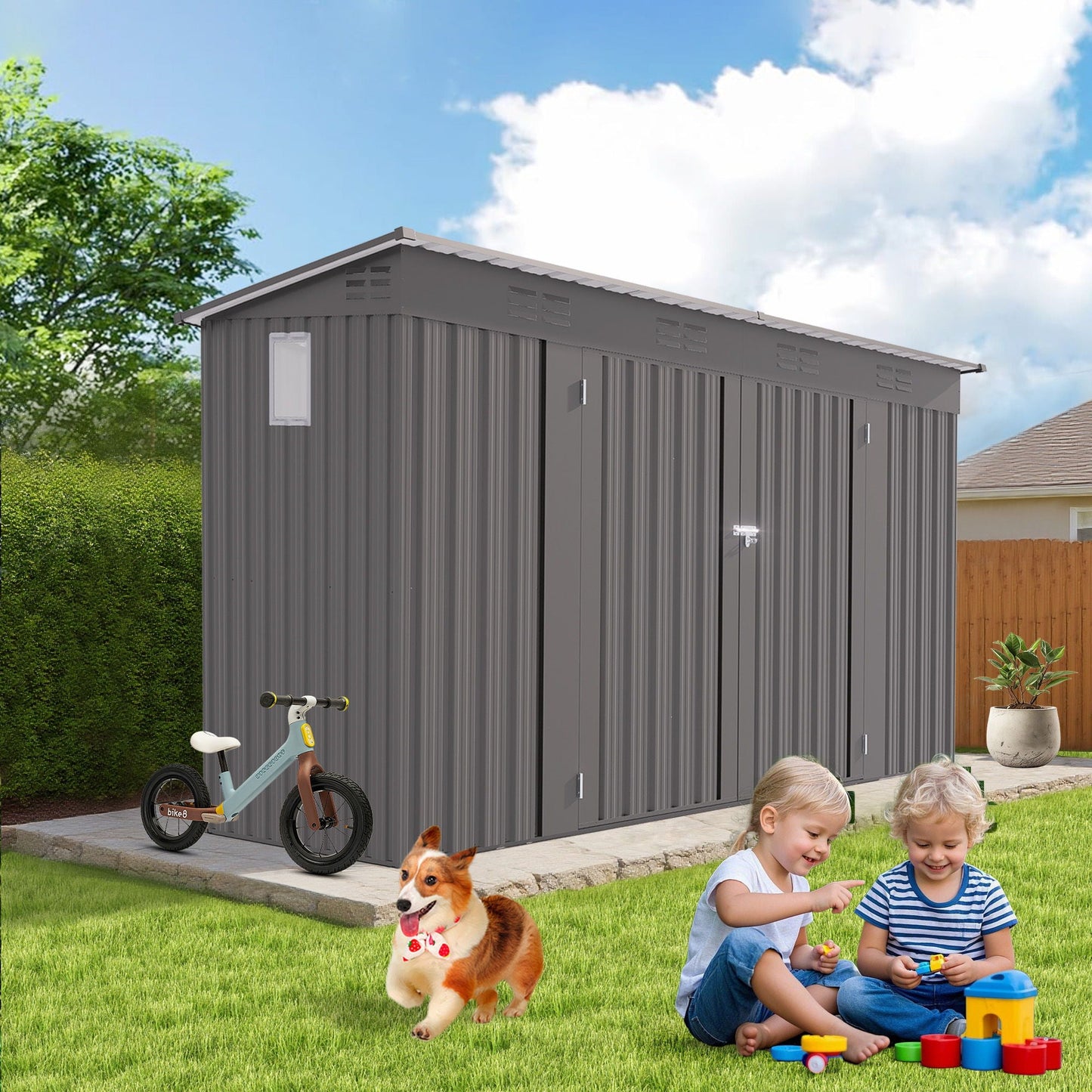 Outdoor Storage Shed, Tool House With Sloping Roof, 6 Vents And 2 Swing Doors For Backyard - Gray