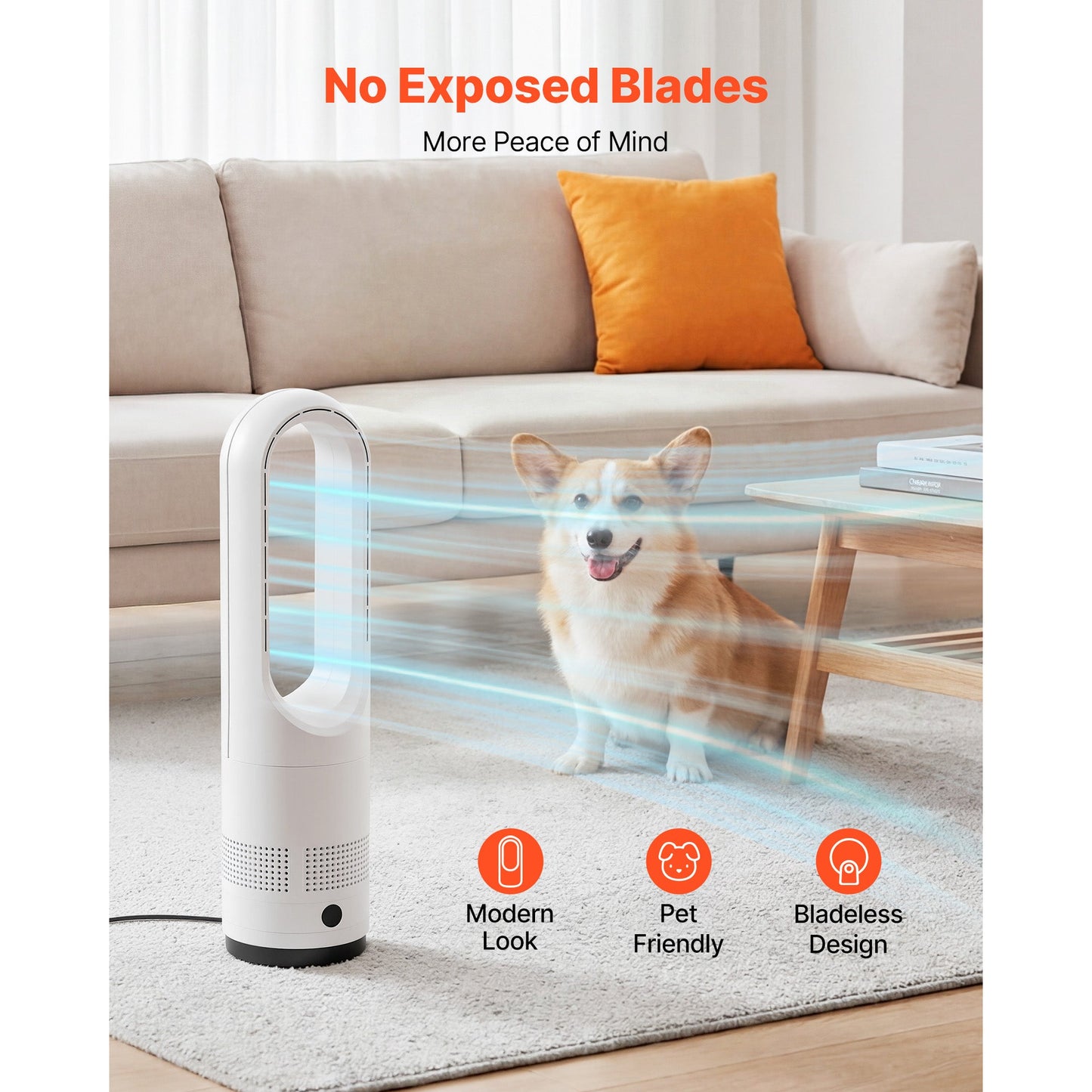 Bladeless Tower Fan, 80° Oscillating Standing Fan with Remote