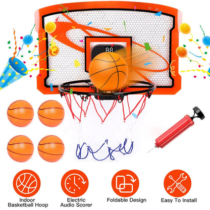 Indoor Mini Basketball Hoop Set Over Door Basketball Hoop with 4 Inflatable Balls Electric Audio Scorer Foldable Basket Gift for Kids and Adults